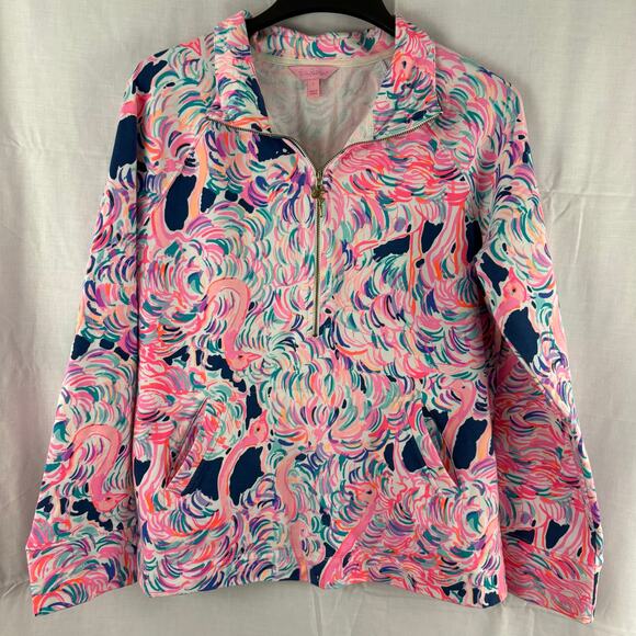 Lilly Pulitzer Skipper Popover Half Zip Flamingo Print Large Sweatshirt - Picture 1 of 7